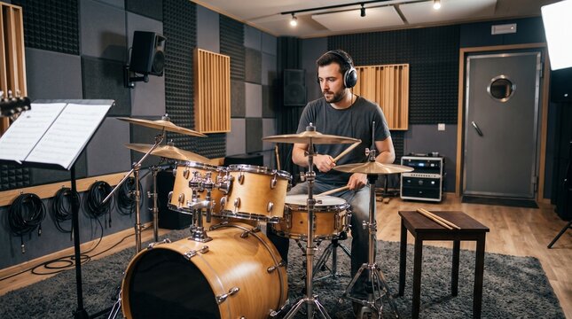 Musician wearing headphones plays drums in a soundproof studio with acoustic panels and music sheets