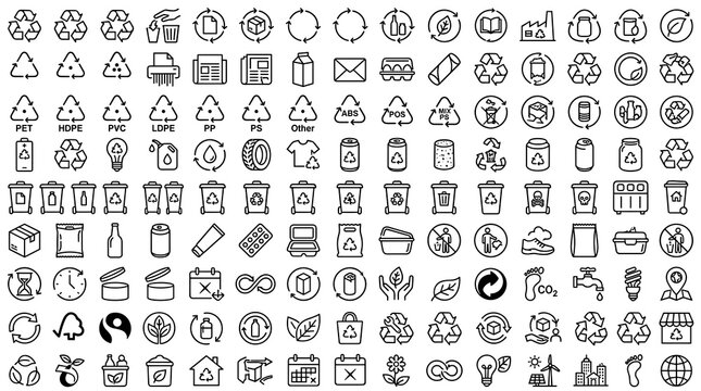 100 Sustainable Packaging and Recycling Icons Featuring Mobius Loop Trash Bins Material Codes Shelf Life Eco Labels and Waste Sorting