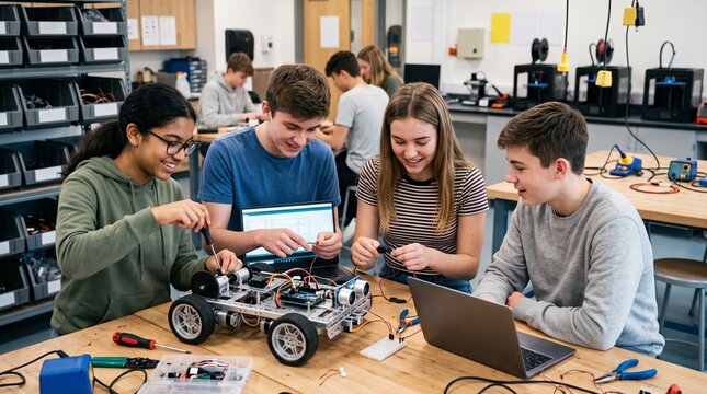 Diverse group of students collaborating on a robotics project in a STEM classroom with 3D printers in the background