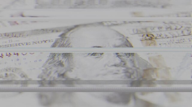 Abstract digital glitch loop of a hundred dollar bill. Conceptual motion art representing inflation, financial crisis, money devaluation, and global economic instability for stock video.