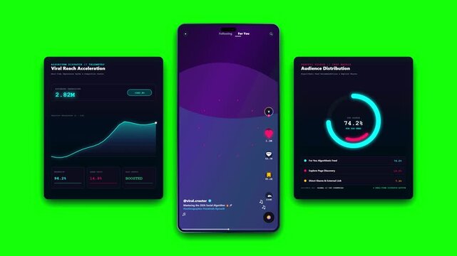 Modern User Interface Dashboard Displaying Analytical Data Visualization and Mobile App Screen Engagement Metrics on Digital Green Screen Background