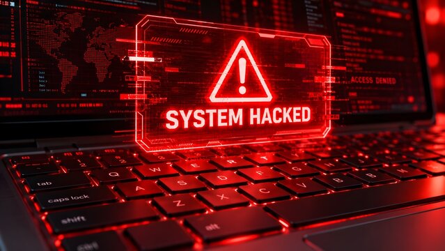 Red glowing system hacked warning on laptop keyboard representing cybersecurity breach data theft and cyber attack concept
