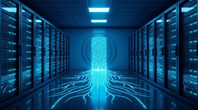 Glowing binary code flowing from a circular portal inside a modern server room data center with code streams