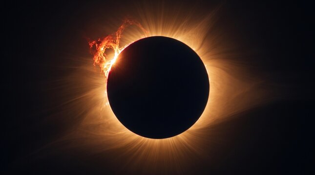 Total solar eclipse with glowing corona and solar prominence