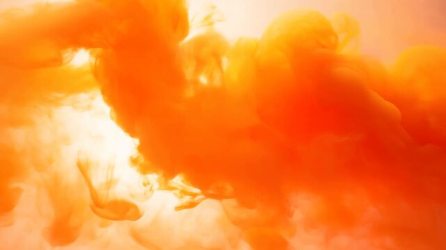 Orange fluid plumes and translucent ink-like clouds billow and swirl across a bright warm field. Motion graphics, title sequence, and music visualizer.