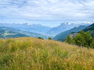 Obraz premium Alpine meadow with panoramic mountain view in Les Contamines-Montjoie, France