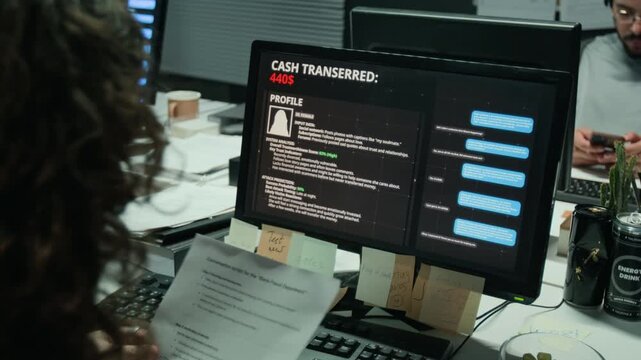 Unrecognizable woman typing on keyboard while monitoring scam profile on computer screen in office. Ideal for cybersecurity awareness, fraud prevention, and financial crime documentaries