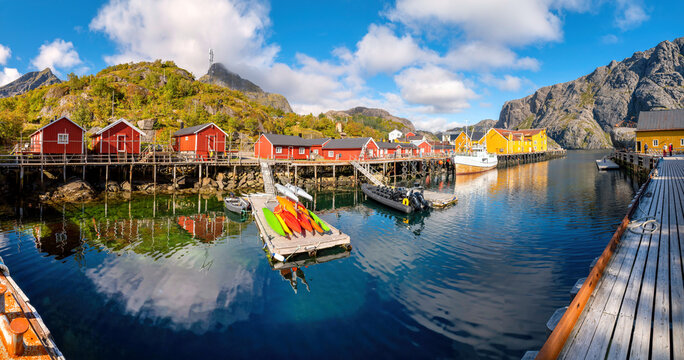 Panoramic view over the historic harbor of Nusfjord in the Lofoten Islands. Tranquility and tradition in a Norwegian fishing harbor