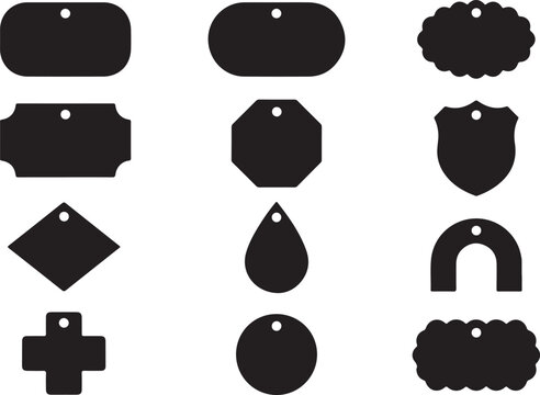 Black silhouette collection of various blank label shapes with holes on a white background