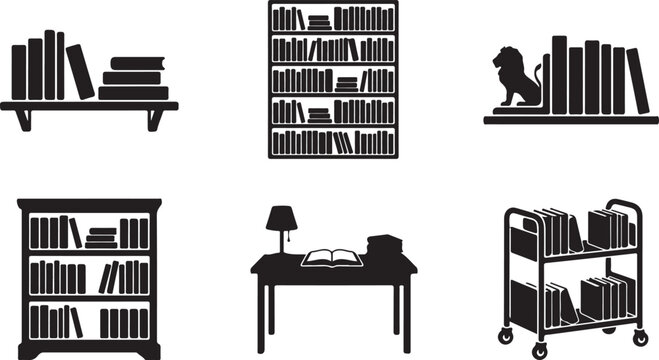 Set of black silhouette featuring bookshelves, library furniture, a desk with a lamp, and a book cart for organizing reading