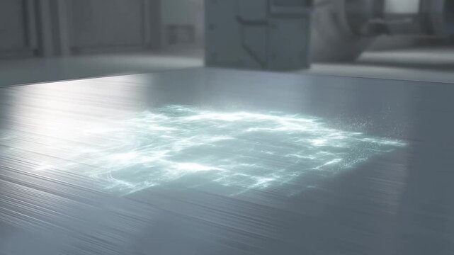 Luminous digital projection spreads across a reflective floor in a futuristic interior. Technology presentations, innovation advertising, and digital transformation campaigns.
