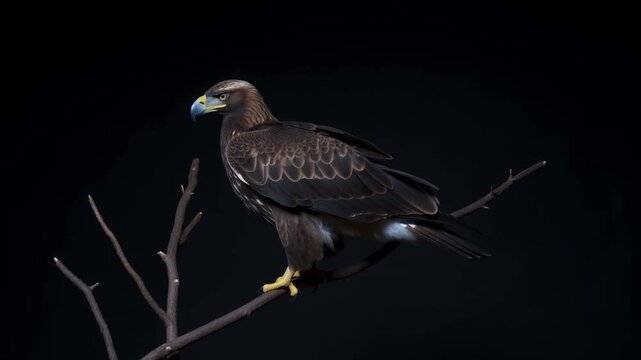 Perched eagle looks from a bare branch against a dark background. Wildlife documentaries, bird identification education, and raptor conservation campaigns.