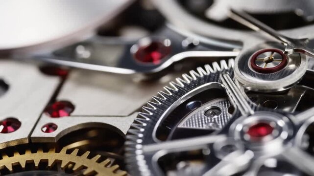 Mechanical watch movement with rotating gears and springs in an extreme macro view. Watchmaking education, luxury watch advertising, and precision engineering presentations.
