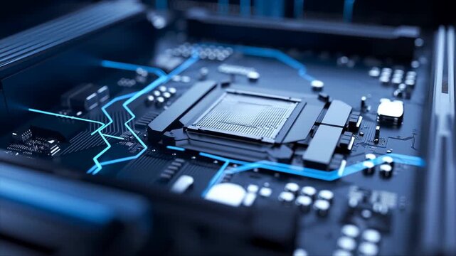 Computer motherboard with a glowing circuit path traveling across electronic components. Technology presentations, computer hardware education, and semiconductor industry communication.