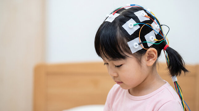 Young child with EEG electrodes attached to head for brainwave monitoring test in clinical setting