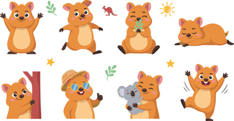 Fototapeta premium Cute Cartoon Quokka Character Set with Australian Wildlife Elements Hugging Koala Waving and Sleeping for Kids Education Design Vector Graphic