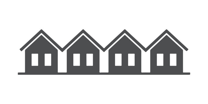 Black silhouette of four simple houses in a row on a white background