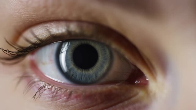 Extreme close-up of a blue-gray human eye with subtle eyelid movement and detailed iris texture. Ophthalmology advertising, optometry clinic promotion, and eye care campaigns.