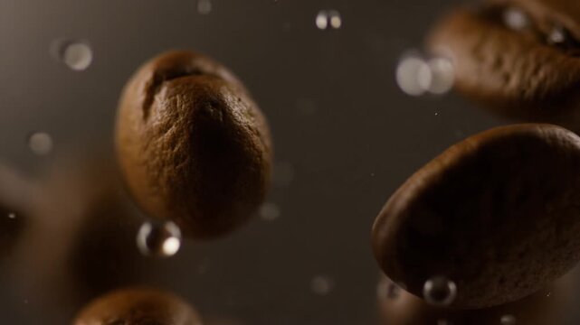 Roasted coffee beans drift through a liquid macro environment as bubbles rise around them. Coffee product advertising, beverage branding, and coffee packaging campaigns.