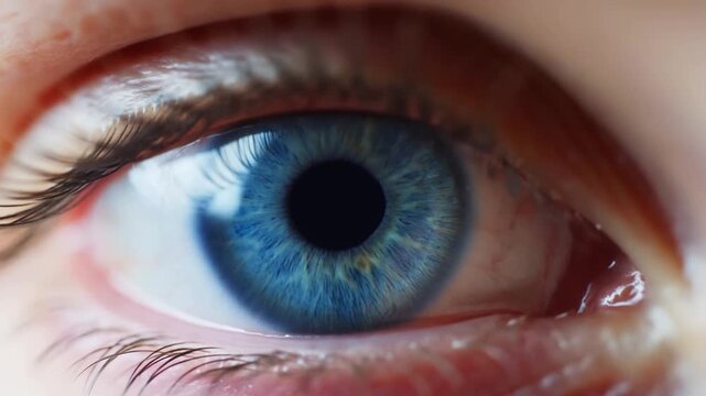 Human blue eye opening in an extreme close-up as the pupil expands and iris comes into focus. Eye care advertising, optometry services, and ophthalmology education.