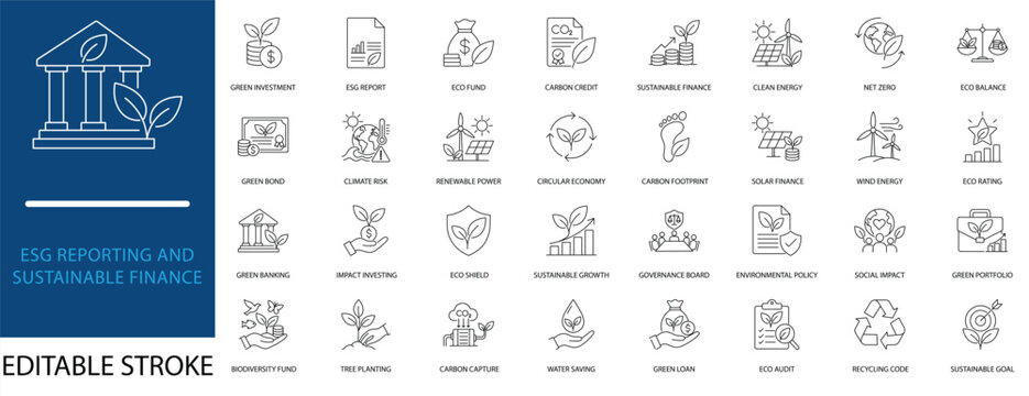 ESG reporting and sustainable finance line icon set. Featuring green banking, carbon credit, climate risk, net zero. Vector icons for annual reports, brochures, and fintech apps.