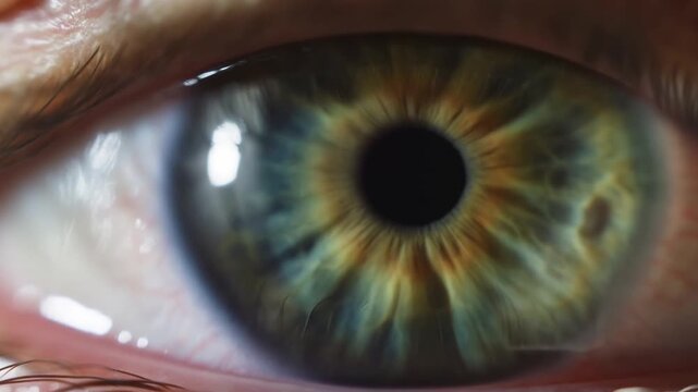 Extreme close-up of a green human eye opening with subtle gaze movement in a macro facial view. Eye care advertising, optometry services, and ophthalmology education.