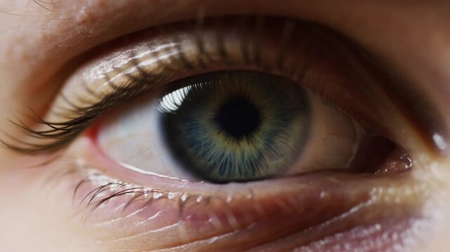 Green human eye gazing toward the camera in an extreme close-up macro view. Eye care advertising, optometry services, and ophthalmology education.