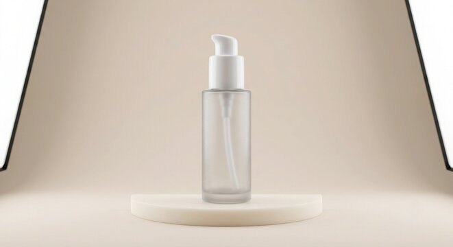 Frosted glass cosmetic pump bottle mockup standing on beige circular podium
