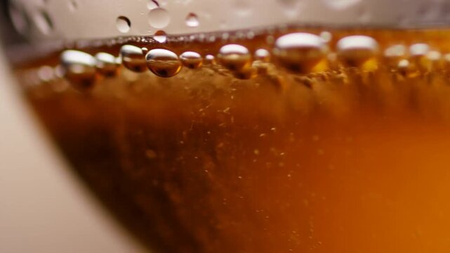 Carbonated amber beverage with bubbles rising through a transparent glass in macro close-up. Beverage advertising, soft drink promotion, and food and drink campaigns.