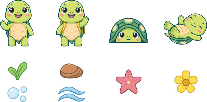 Cute Cartoon Turtle Vector Character Set with Little Tortoises Waving Hiding in Shell Starfish Flower and Wave Elements for Nursery Designs