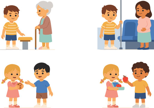 Cute Children Good Manners and Kindness Character Set Showing Altruism, Sharing Food, and Giving Up Seats for Social Skills Educational Media