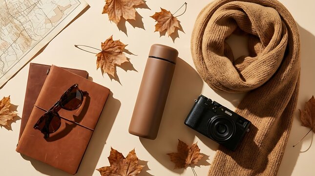 Cozy autumn travel essentials laid out on cream background with fallen leaves, including journal, sunglasses, water bottle, camera, and scarf.