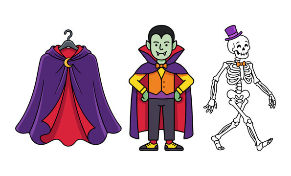 Spooky Halloween Vector Character Set Featuring Vampire Cloak Cape on Hanger, Dracula Monster Character, and Dancing Skeleton with Purple Top Hat Isolated on White Background