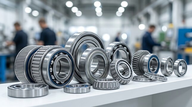 Assortment of various metal ball bearings and roller bearings displayed on a white shelf in industrial factory setting.