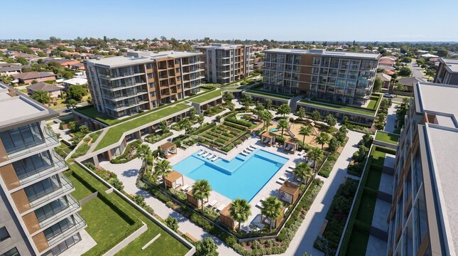 Luxury Apartment Complex with Pool and Gardens: An aerial view showcases a modern apartment complex featuring contemporary buildings, a vibrant blue swimming pool, manicured gardens.