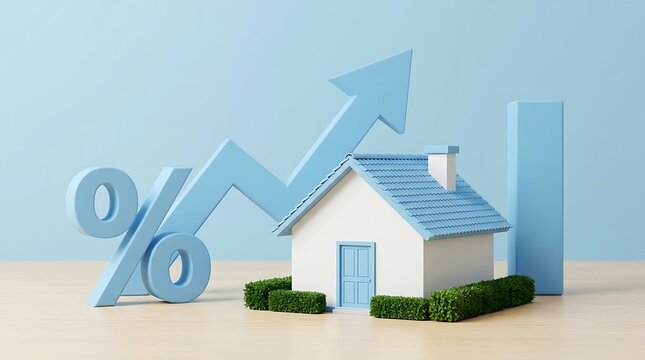 Small house with upward arrow and percentage sign, symbolizing rising interest rates or property value increase in real estate market context.