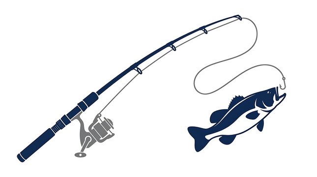 Fishing rod and reel with a fish hooked on the line against a white background illustration.
