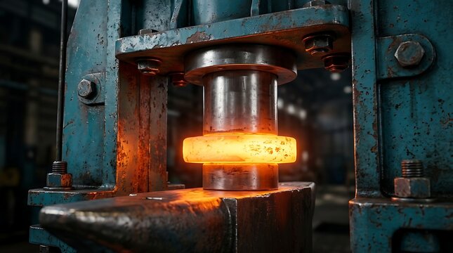 Glowing orange metal ring being forged in a heavy industrial press machine with steam escaping.