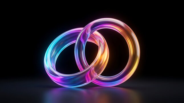 Two intertwining glass torus rings with vibrant neon glow in blue pink and orange colors on a dark background for abstract design and futuristic concepts.