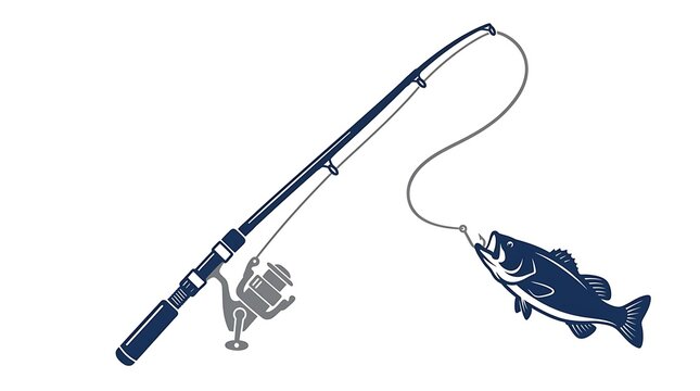 A simple illustration of a fishing rod with reel and line, successfully catching a bass fish, suitable for hobbies and outdoor recreation themes.