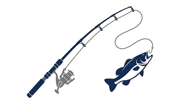 Fishing rod and reel casting line with fish hooked on bait against white background, representing hobby, leisure, sport, outdoor activity, and successful catch for recreation.