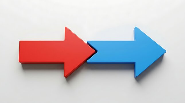 Two opposing arrows, one red and one blue, pushing against each other, symbolizing conflict, disagreement, opposition, contrast, and competing ideas in a conceptual design.