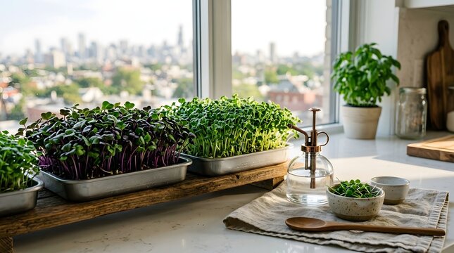 Fresh green and purple radish microgreens growing in metal trays on a rustic wooden board on a bright kitchen counter with a glass water mister and a blurred urban city skyline view from a window.