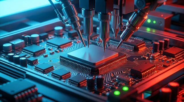 Advanced robotic arms precisely placing chip on circuit board, symbolizing high-tech manufacturing and automation.