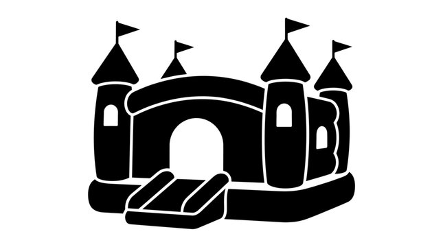 Black silhouette of a bouncy castle with turrets and a slide