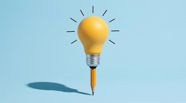 Yellow light bulb on pencil tip symbolizing new idea innovation creativity and bright thinking.