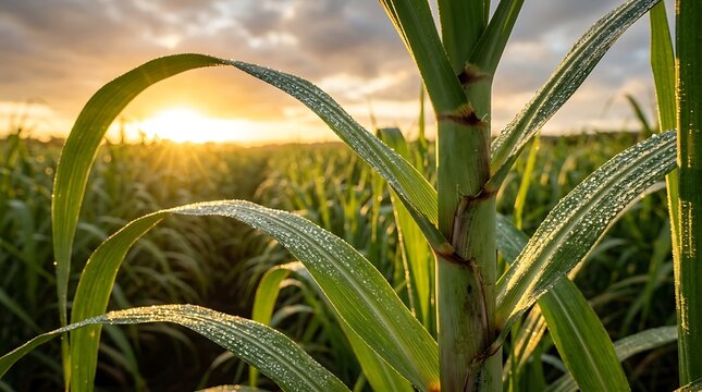close up of sugarcane stalks in field at sunrise with dew drops on leaves indicating agriculture and renewable energy source.