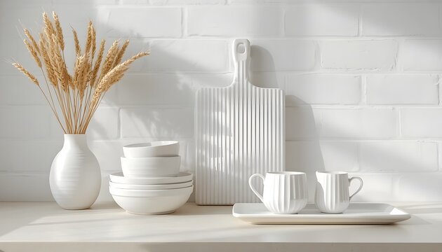 White ceramic kitchenware, brick wall.