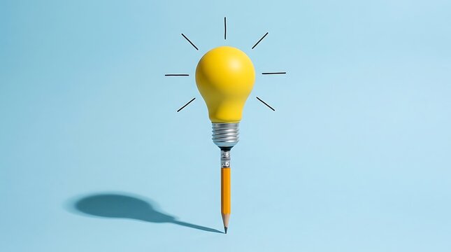 yellow light bulb with pencil as base, representing creativity and new ideas in business and education, on light blue background with shadow.