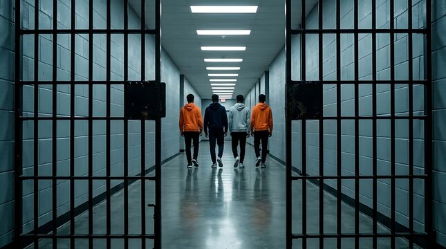 Four young men in hoodies walk down a brightly lit prison corridor past open cell doors, representing confinement and justice system issues.